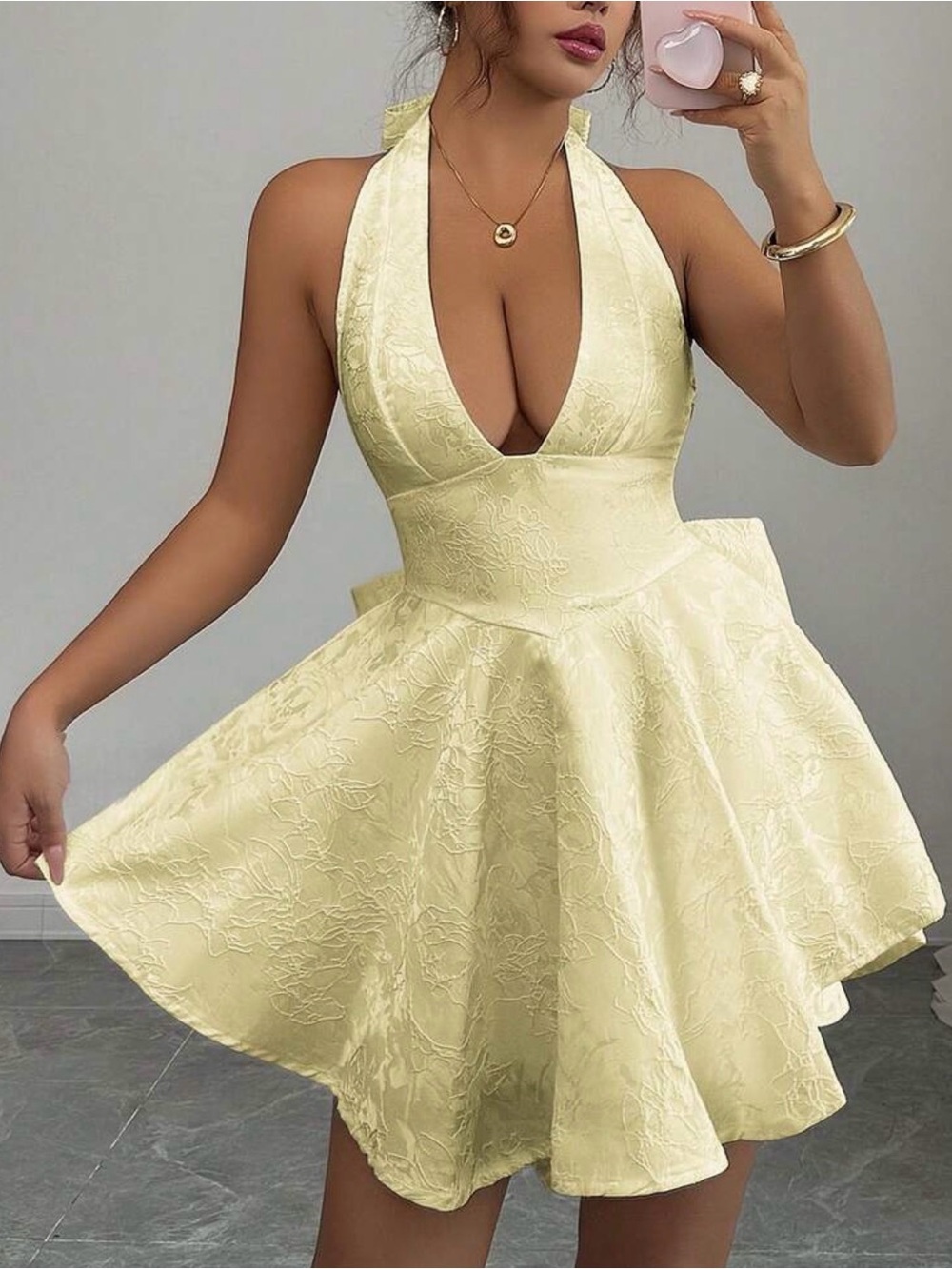 SHEIN Pale Yellow Halter Deep-V Fit & Flare Mini Dress